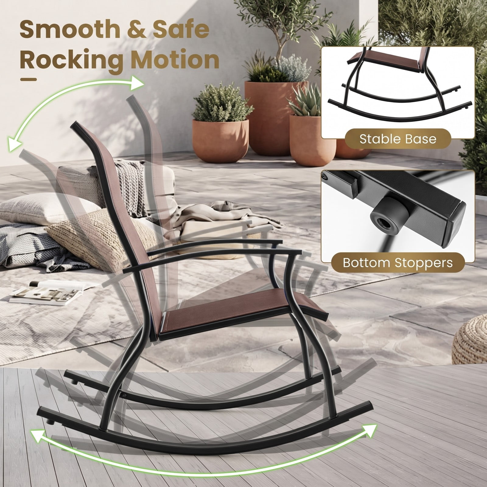 Furnibear Outdoor Rocking Chairs Set of 2 with Breathable Backrest and Rustproof Metal Frame for Backyard and Poolside, Brown