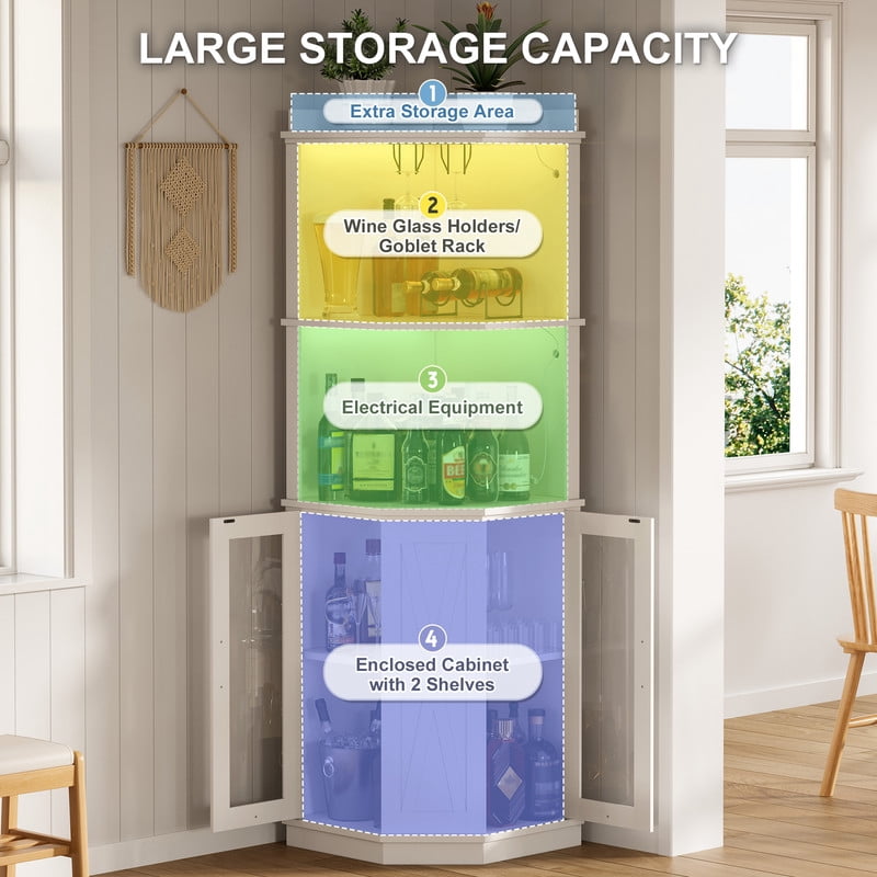 Triangular Corner Bar Cabinet with Power Outlet, Farmhouse Wine Storage Cabinet with Adjustable Shelves, LED Lights & Glass Rack