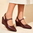 thumbnail image 2 of Wedge Heels for Women Comfortable Leather Ankle Strap Slip on Lightweight Square Closed Toe Business Casual Work Dress Shoes Brown Size 8, 2 of 4