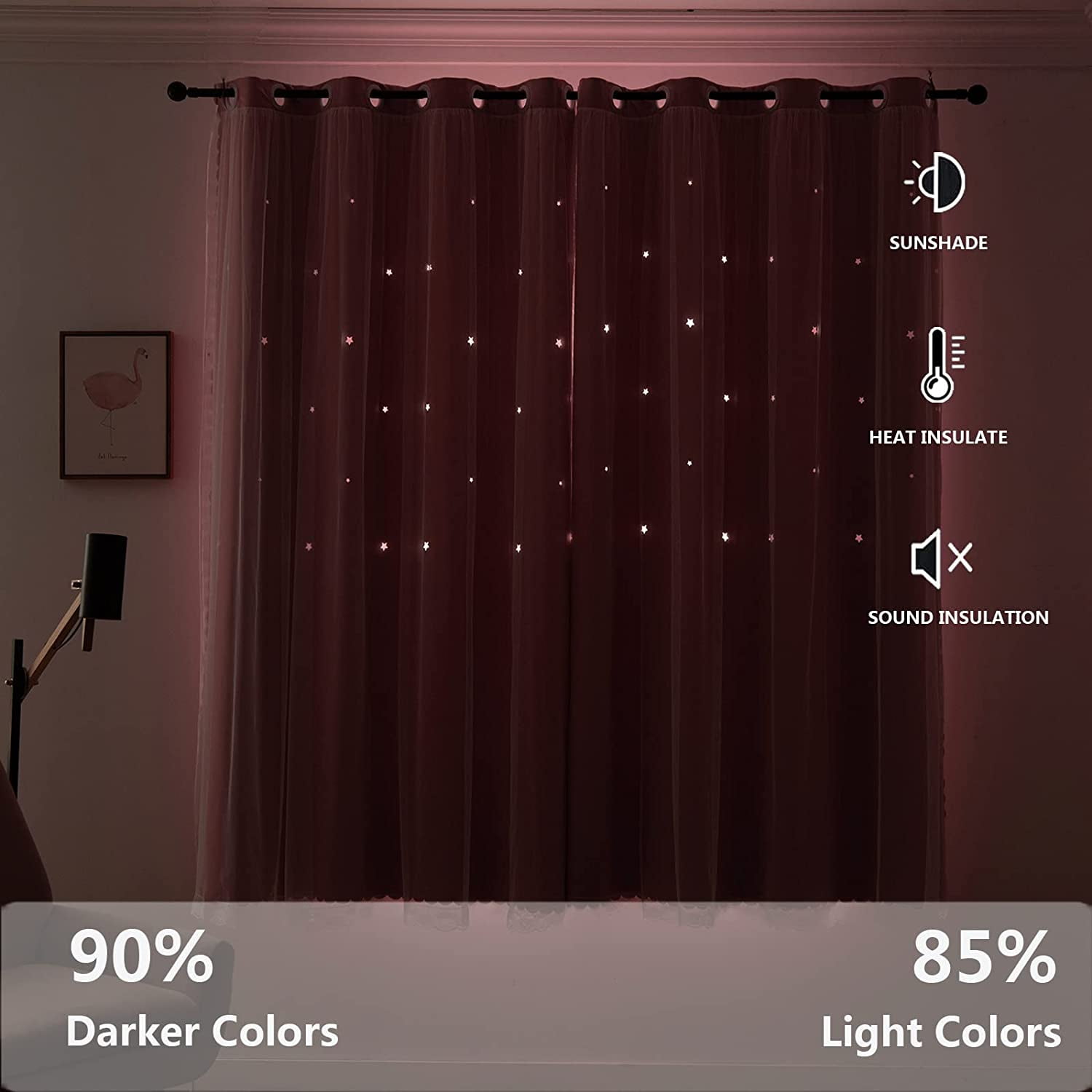 Lapalife Stars Blackout Curtains for Girls Bedroom, Double Layer Star Cut Out Curtains Nursery Home Decor, 1 Panel, Baby Pink, 51''x 63''