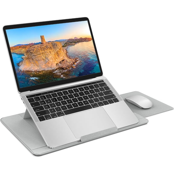 AboveTEK Adjustable Laptop Lap Desk, 3 Ergonomic Angles, PU Leather Non-Slip Surface, Heat Shield, Retractable Mouse Pad, Portable Laptop Lap pad for Bed, Sofa, Travel (Light Gray)