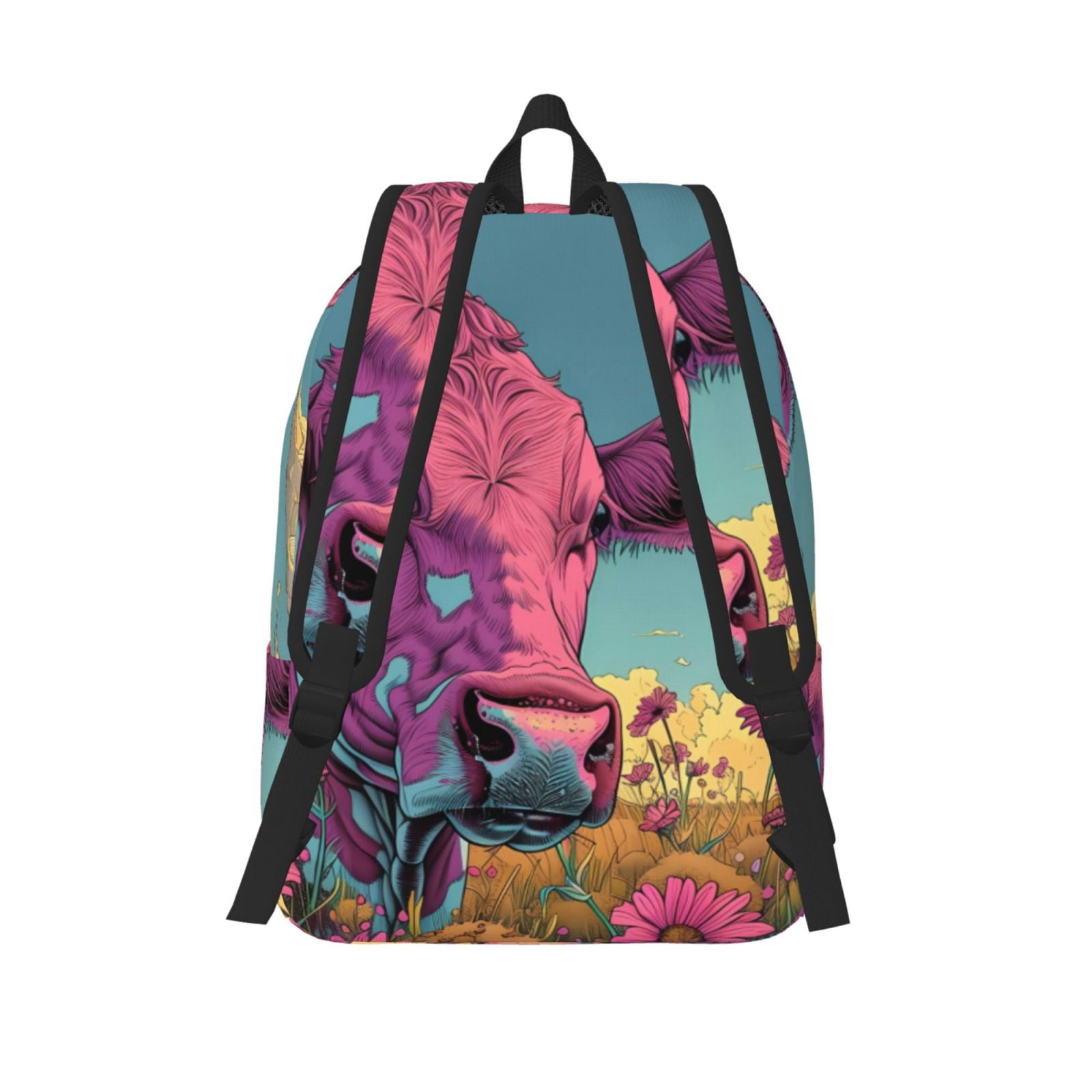 Picia Pink Cow In Sunflower Field Printed Canvas Daypack - Stylish and Durable Vintage Compact Backpack - Class, Work, Travel, or Laptop Bookbag,Organized Compartments-Medium