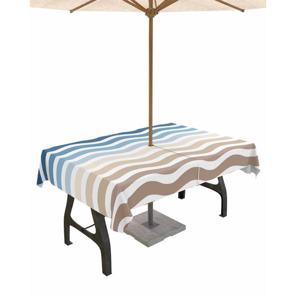 Outdoor Tablecloth with Umbrella Hole for Patio/Picnic/Party/Camping, Navy Blue Brown Ombre Moire Waterproof Table Cloth Rectangle Table Cover Washable, Water Ripple Stripe Farmhouse 52"x 70"