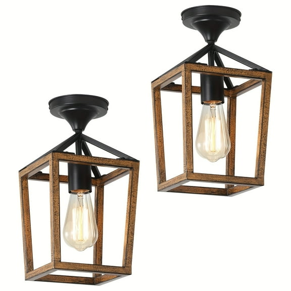 [Farmhouse Pendant] 2-pack Farmhouse Pendant Light - Industrial Metal Hanging Light - Wood Grain Finish - Height Adjustable - Farmhouse Light Fixture for Kitchen Dining Table Entryway Hallway