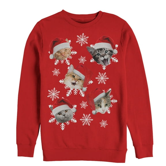 Men's Lost Gods Ugly Christmas Cat Snowflakes Sweatshirt Red Small