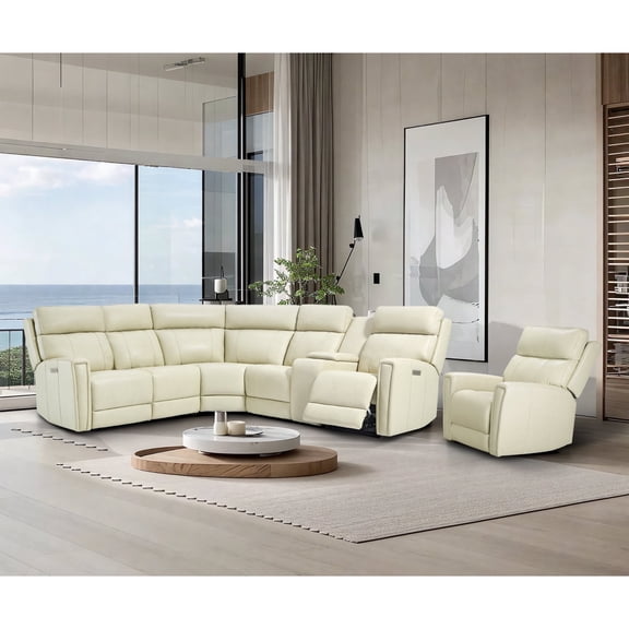 Genuine Leather Dual-Power Reclining Sectional Sofa Set with Console, 5-Seat L-Shaped Sectional A Power Recliner with Zero Gravity, USB/Type-C Ports & Modular Design