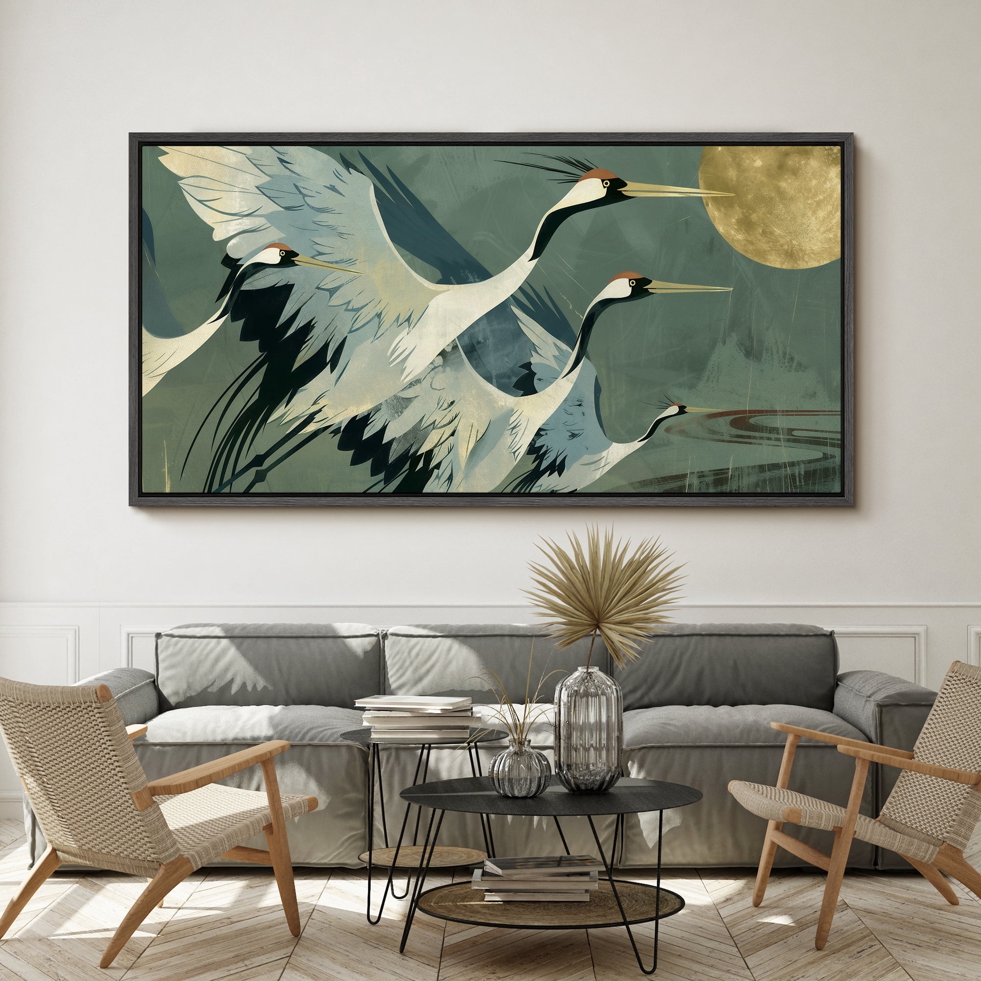 Large Framed Canvas Print Elegant Flying Cranes Under Full Moon - Japanese InspiredWall Art Decorative Ready to Hang Painting for Living room Bedroom 60x30 inches Black Frame