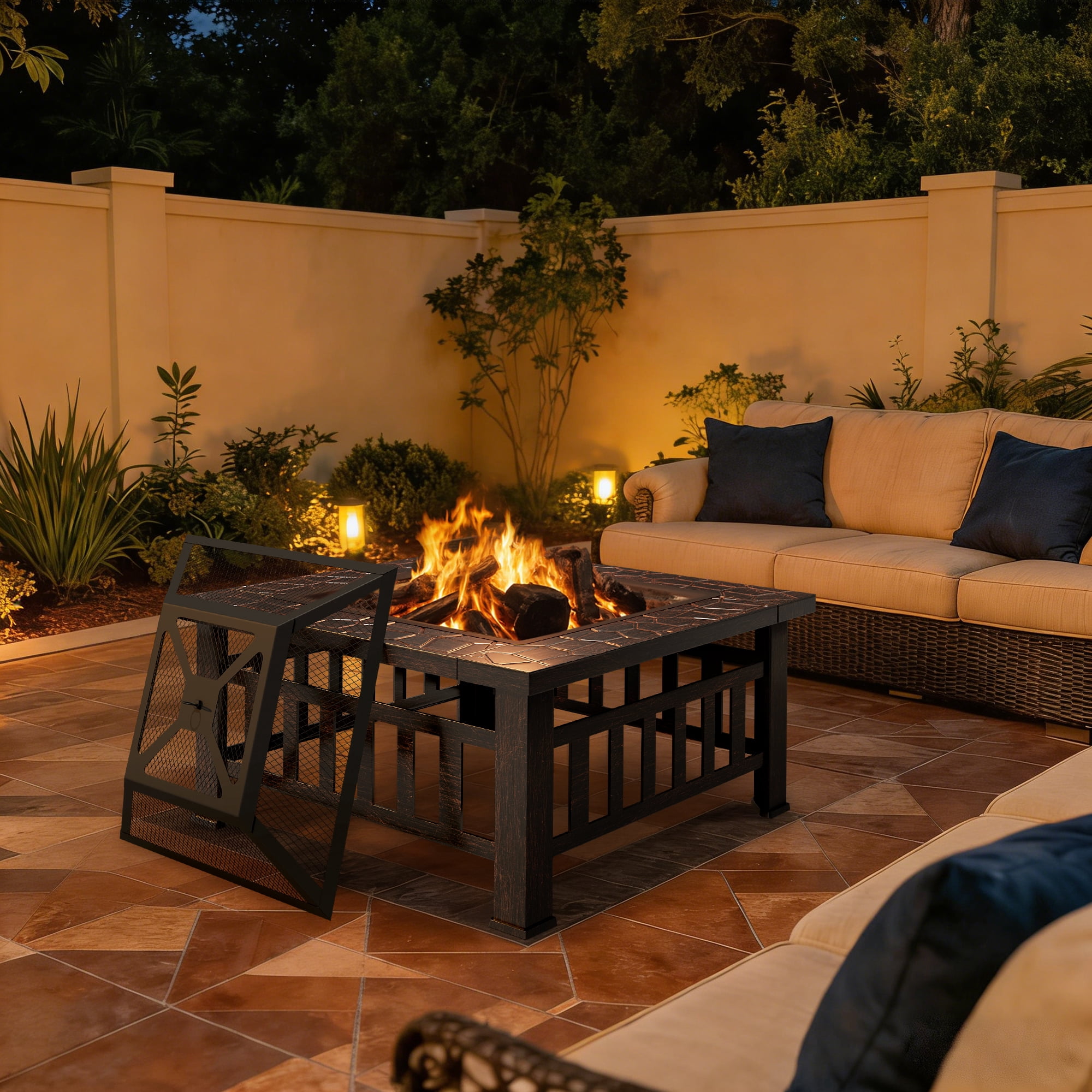 Lacoo 32" Patio Square Fire Pit Table for Patio Backyard BBQ, Ice Storage with Mesh Lid, Poker and Cover, Brown