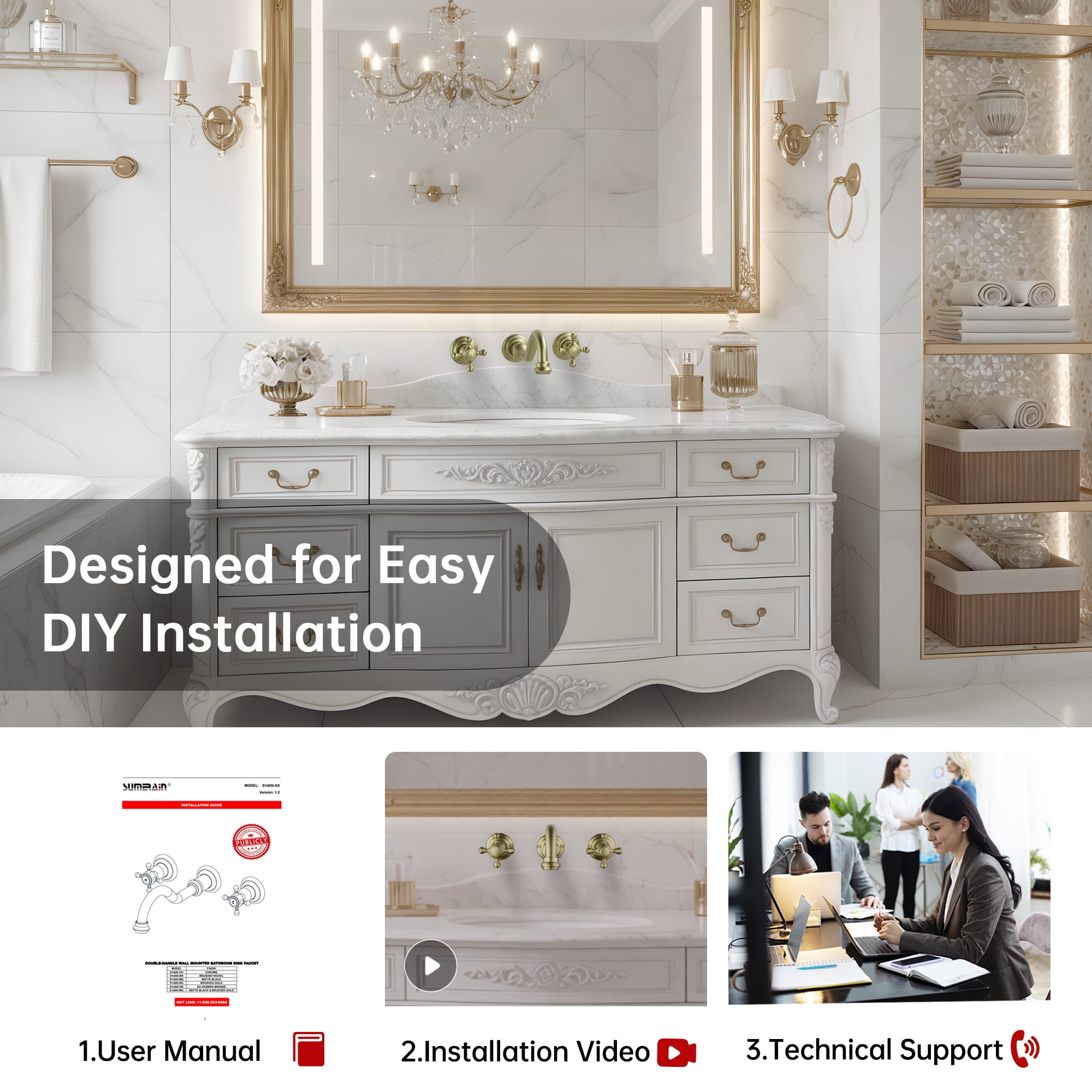 SUMERAIN 3 Holes Wall Mount Basin Faucet,Vintage Cross Handles Brushed Gold Lavatory Bathroom Vessel Sink Faucet Includes Rough-in Valve