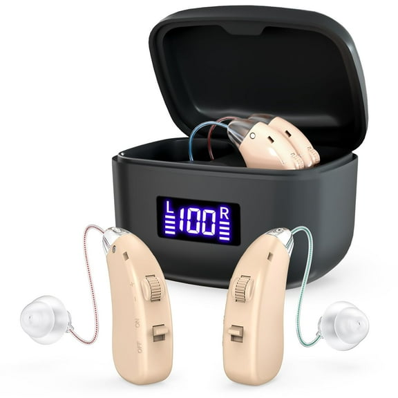 Hearing Aids for Seniors，Rechargeable Hearing Aids with Noise Cancelling,Behind-the-ear RIC Hearing Aids with Real Voice, Invisible Comfortable without Whistling,Charging Box Displaying Power