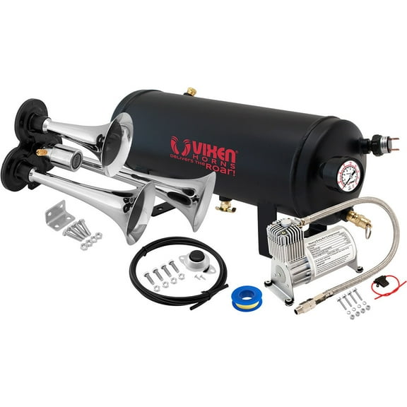 Vixen Horns Train Horn Kit for Trucks/Car/Semi. Complete Onboard System- 150psi Air Compressor, 1.5 Gallon Tank, 3 Trumpets. Super Loud dB. Fits Vehicles like Pickup/Jeep/RV/SUV 12v VXO8715/3311