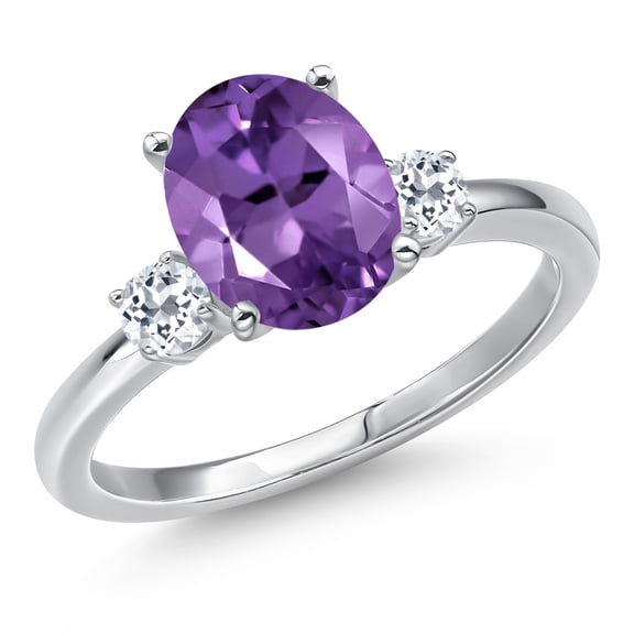 Gem Stone King 14K White Gold Purple Amethyst and White Topaz Engagement Ring for Women | 2.58 Cttw | Oval 10X8MM | Gemstone February Birthstone | Size 9