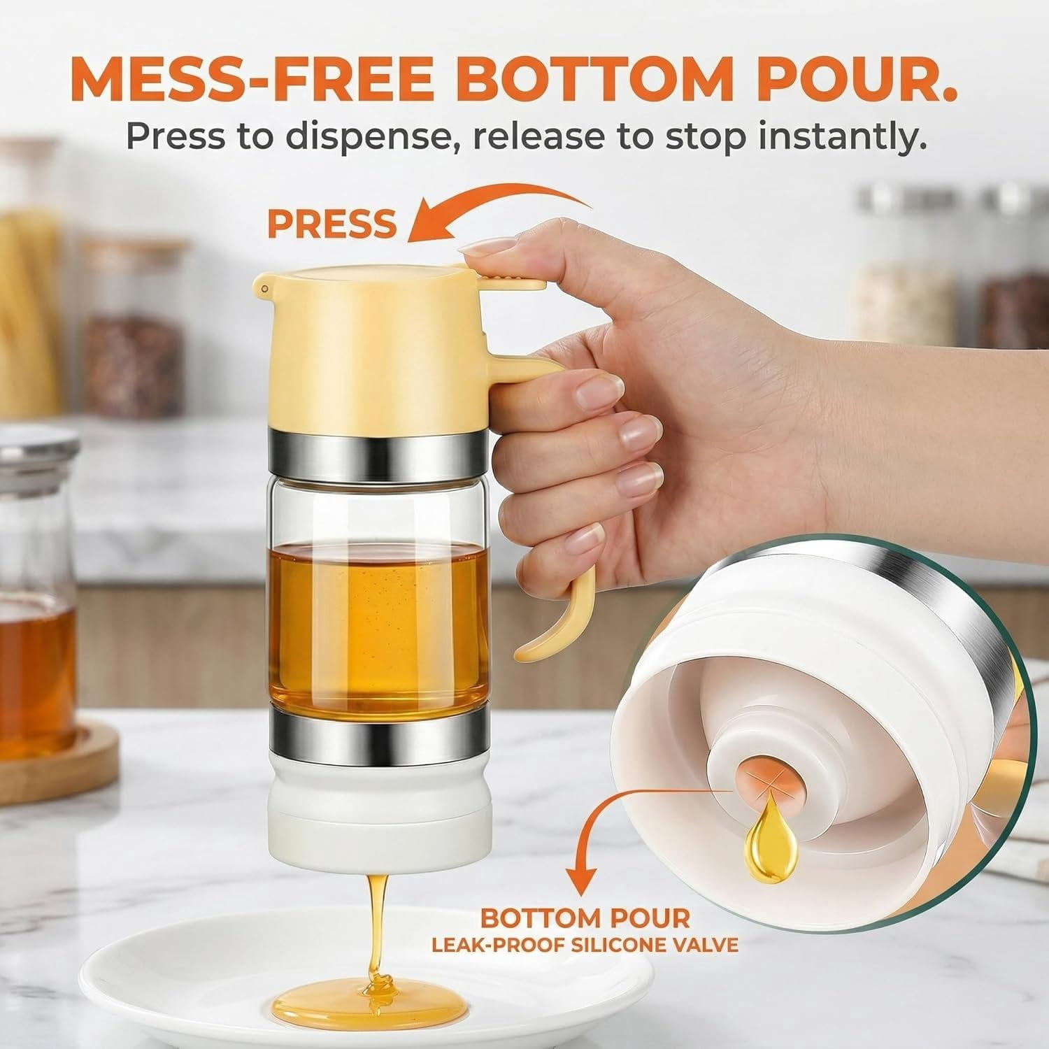 Dispensador De Leche Condensada, Glass Honey Dispenser with Stand No Drip for Maple Syrup Coffee Tea Daily Use