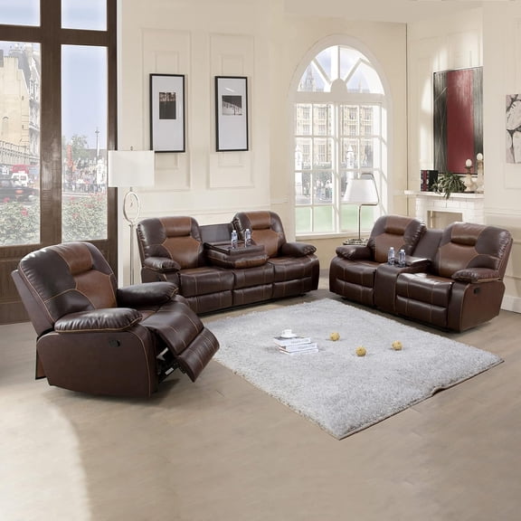 Manual Leather Recliner Sofa Set for Living Room,Luxurious Chesterfield Reclining Couch Set,Vintage Brown Leather Couch Set with Hidden Table/Cup Holders(Brown,Sofa Loveseat Chair)