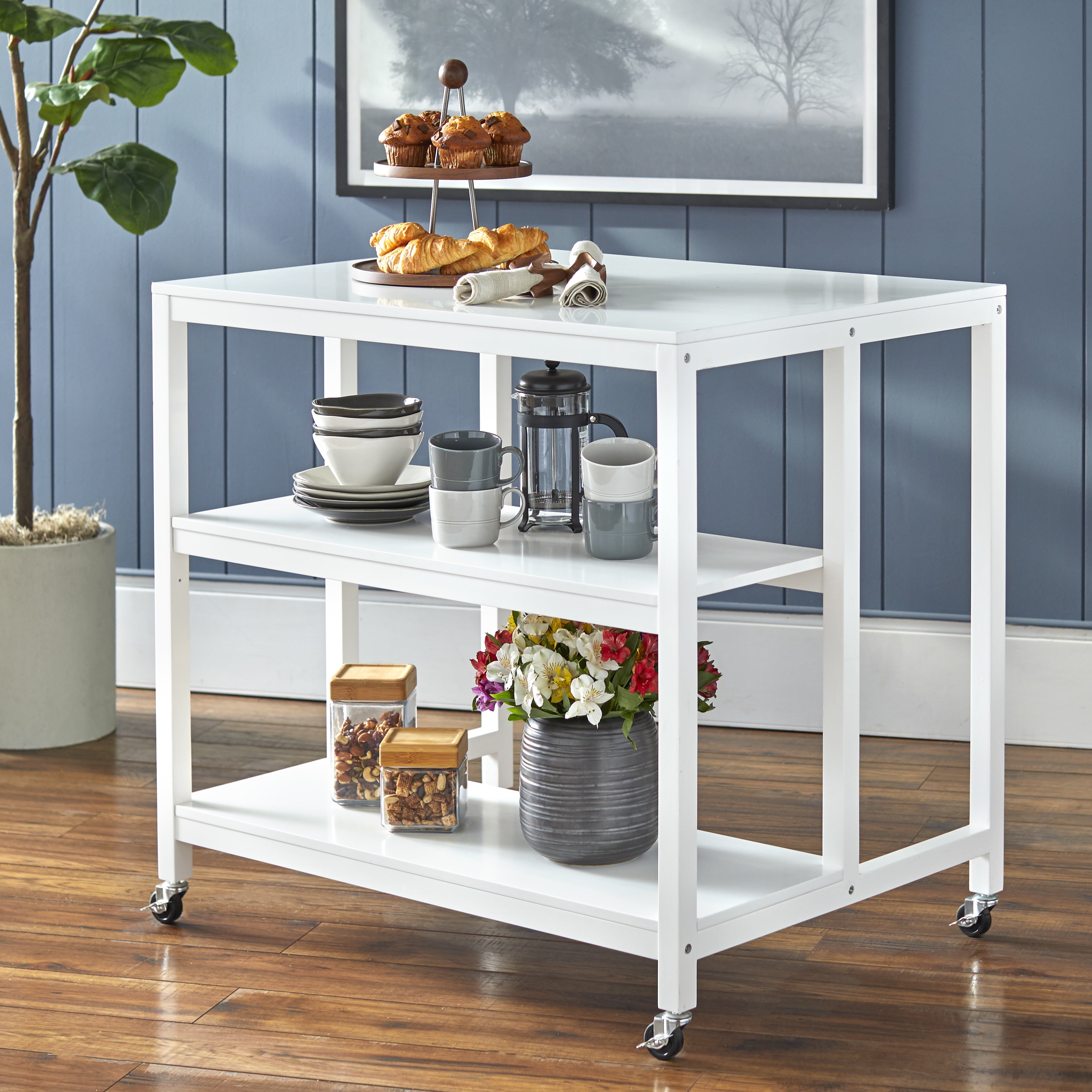 Mainstays Industrial Kitchen Island Cart with Shelves, White Finish