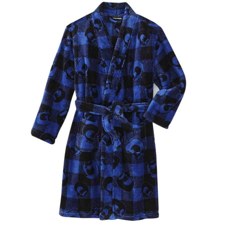 Joe Boxer Boys Plush Blue Plaid Skull Bath Robe Fleece House Coat
