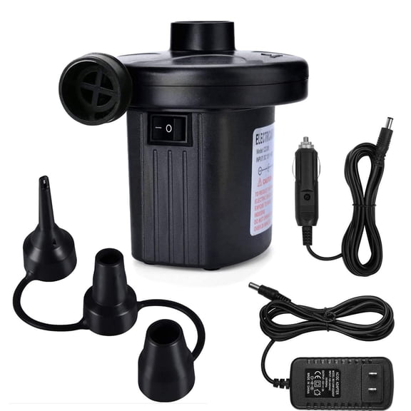 Air Pump for Inflatables, Electric Air Mattress Pump, Quick-Fill Blow Up Pump for Pool Raft, Bed, Boat, Toy, Camping, with 3 Nozzles, 12V DC 110V AC Power, Black
