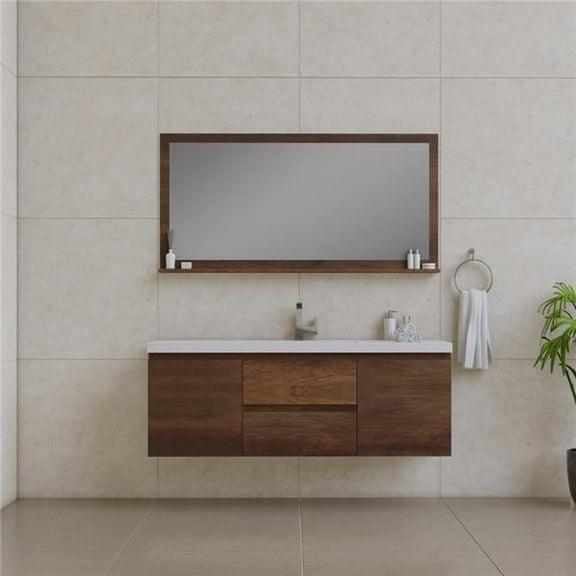 60 in. Paterno Single Modern Wall Mounted Bathroom Vanity, Rosewood