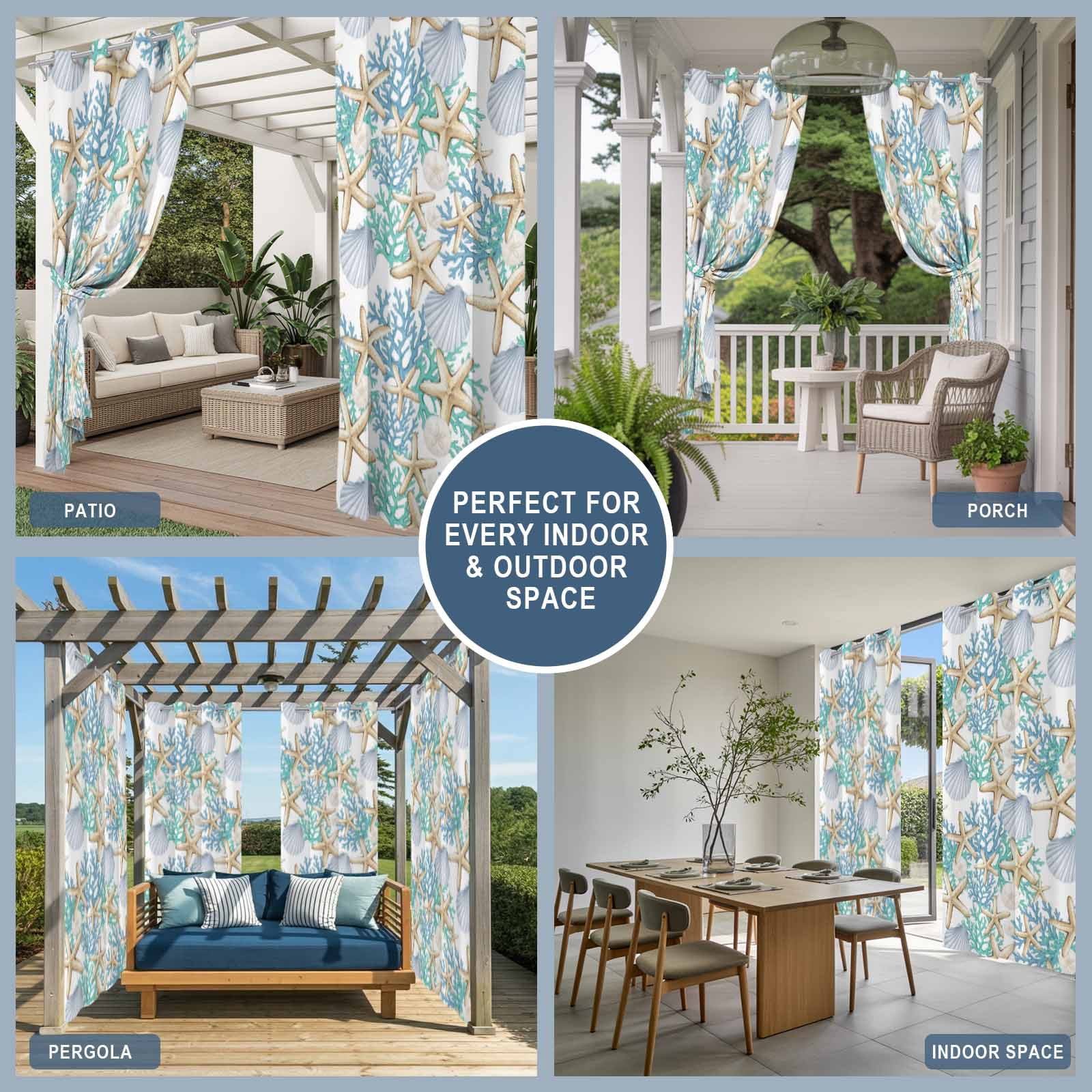 Seashell Starfish Outdoor Curtains for Patio, Coastal Green Blue Coral Sand Dollars Sunshade Privacy Drapes Grommet Waterproof Outside Curtains for Porch/Cabana/Balcony 54"x 95", 2 Panel