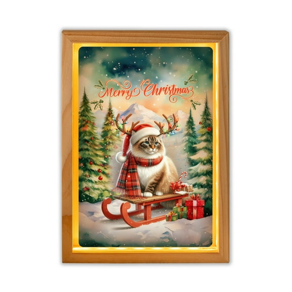 Merry Christmas Santa Reindeer Antlers Ragdoll Sleigh Xmas Winter Holiday Acrylic Plaque with Wood Photo Frame Box Cat Lover Kitten Owner Gifts Idea Light Box - 00023