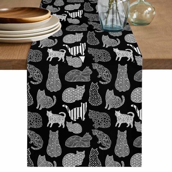 Black Cat Table Runner 72 Inches, Vintage Striped Geometric Abstract Bed Runner Dresser Scarves Tabletop for Indoor Outdoor Parties/Ceremony/Banquet, 18" x 72"