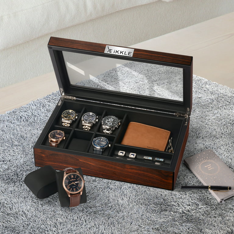 Ikkle Watch Box Organizer for Men and Women, Luxury Wooden Watch Jewelry Box,  Real Glass Top 