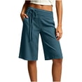 thumbnail image 2 of Taqqpue Womens Bermuda Shorts Plus Size Linen Elastic Waist Drawstring Shorts Summer Loose Fit Pants Beach Casual Trousers Knee Length Shorts for Women with Pockets, 2 of 10