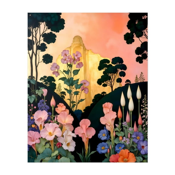 The Golden Mountain - Illustration Floral Nature Landscape Flowers Botanical Sunset Garden Unframed Wall Art Print 6 x 8 inches