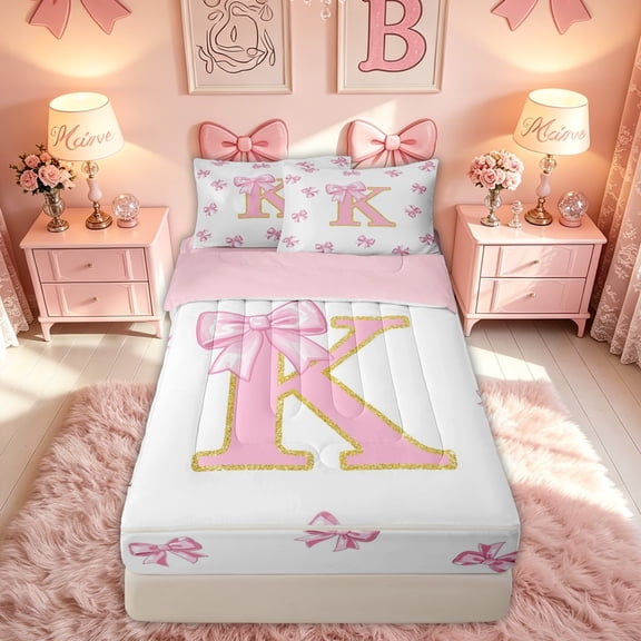 meiyoeat Pink Gold Glitter Print Bow K Letter Zipper Twin Comforter Sets with Fitted Sheet and 2 Pillowcases for Women Girls, Girly Cartoon Alphabet Zipper Bedding Set, Pink Reversible, 4pcs