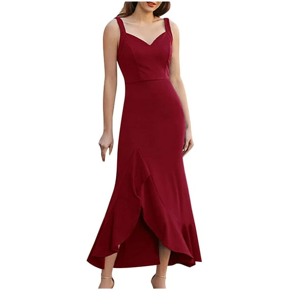 IROINNID Women's Sundress Spring And Summer V-neck Slim Fitting Open Back Ruffled Suspender Dress Solid Color Drop Waist Dress