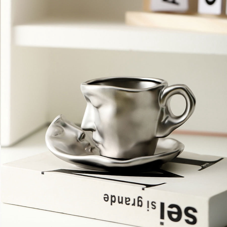 1pc Creative Ceramic Kiss Espresso Cup - Unique Metal Touch Design, Ideal Valentines Day, WeddingGift - Durable, High-Quality