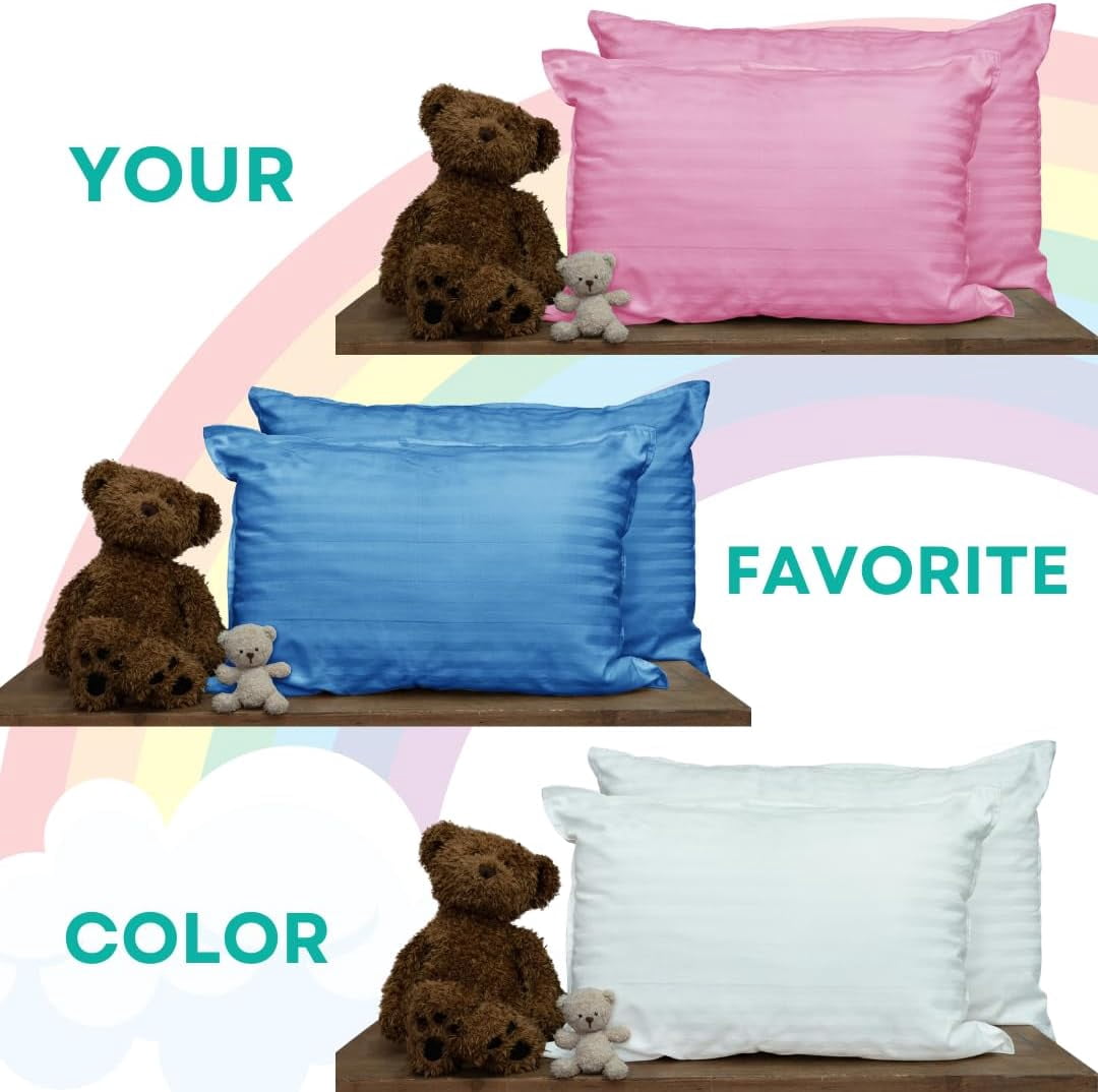Kinder Fluff Toddler Pillow, Small Sateen Stripe Hypoallergenic, 300 Thread Count Cotton Shell, 2 Pack