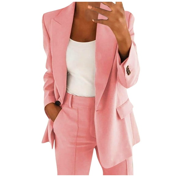 PEZHADA Fall Savings Women's Ruched Long Sleeve Open Front Blazer Jacket Casual Business Work Office Blazers with Pockets Pink