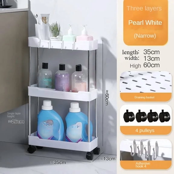 3-Tier Slim Rolling Storage Cart Narrow Gap Organizer Multi-Layer Push Trolley Shelf for Bathroom Kitchen Living Room