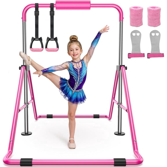 FED Fitness Gymnastics Bar for Kids,Adjustable Folding Gymnastic Equipment Horizontal for Home, Pink