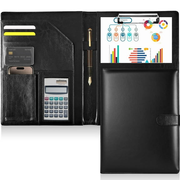 LANNEY  Portfolio Binder Organizer, Leather Portfolio Folder with A4 Letter Size Clipboard Legal Resume Document Organizer, Business Card Holder Calculator Phone Storage