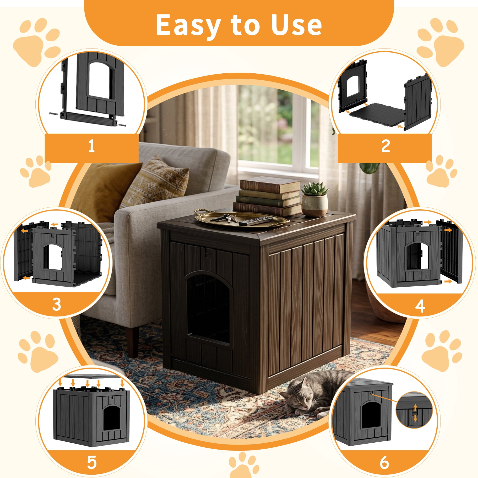 fazzn Multifunctional Cat House with Door, Indoor Outdoor Decorative Cat Shelter, Dual Use Pet House for Cat & Small Dog, Easy to Clean & Assembly.Brown/Black