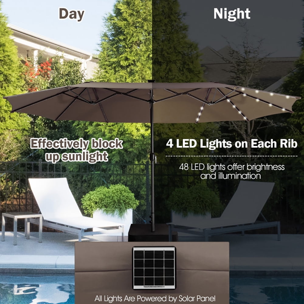 Aimee Lii 15 Feet Twin Patio Umbrella with 48 Solar LED Lights, Outdoor Umbrellas for Patio, Brown