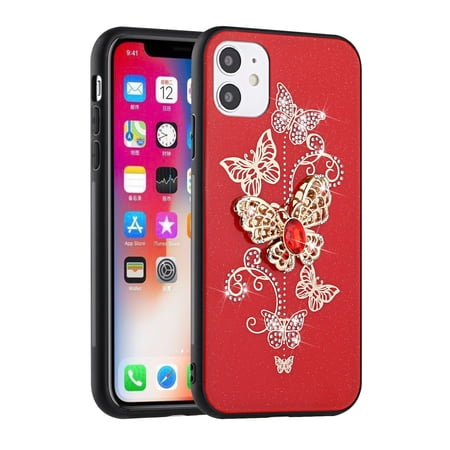 For Apple iPhone 14 Pro Max (6.7 ) 3D Diamond Bling Sparkly Glitter Ornaments Engraving Hybrid Metal Fashion Cover Xpm Phone Case [ Red Garden Butterflies ]