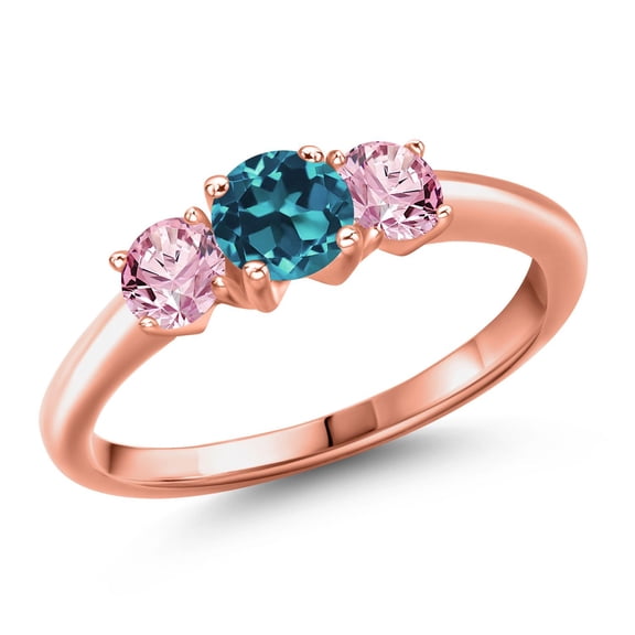 Gem Stone King 18K Rose Gold Plated Silver London Blue Topaz and Pink Lab Grown Diamond Engagement Ring for Women | 1.20 Cttw | Round 5MM | Gemstone November Birthstone | Size 5