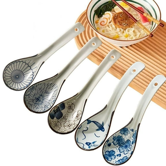 Asian Soup Spoon, Ceramic Chinese Soup Spoons, Deep Oval Hook Non-slip Japanese Spoons for Rice Ramen Pho Miso Soup Wonton Noodle