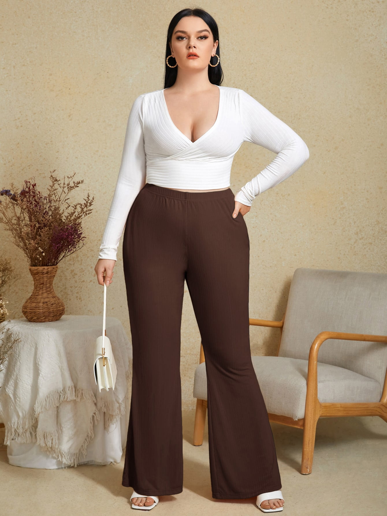 High Waist Flare Leg Pants Elegant 0XL 