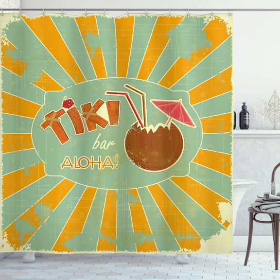 Ambesonne Tiki Bar Shower Curtain, Aloha Fun Party, 69"Wx75"L, Almond Green Orange