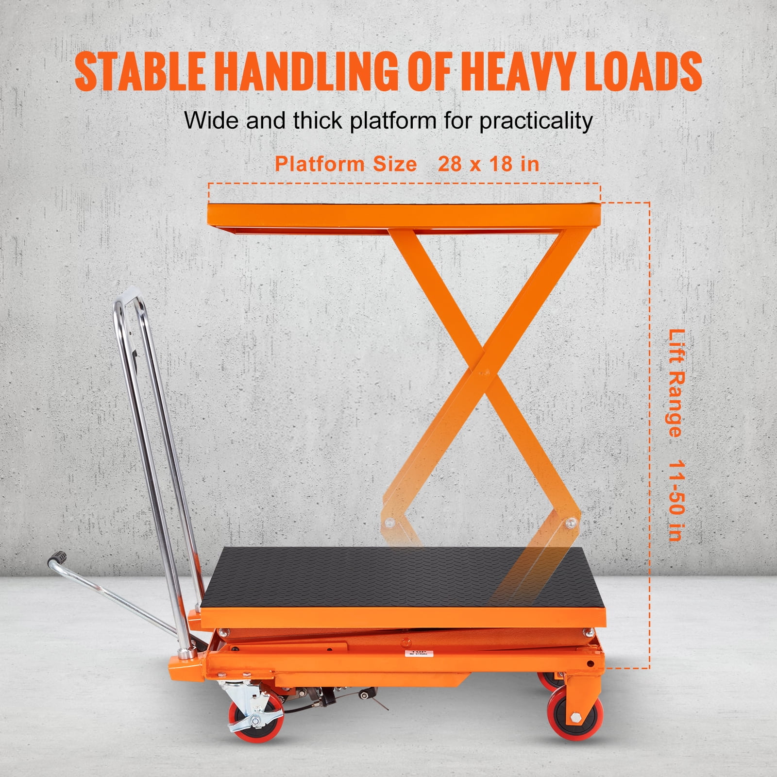 KFFKFF Hydraulic Lift Table Cart, 330lbs Capacity, 50" Adjustable Height, Manual Double Scissor Design with 4 Wheels and Non-slip Surface, Ideal for Material Handling and Transport