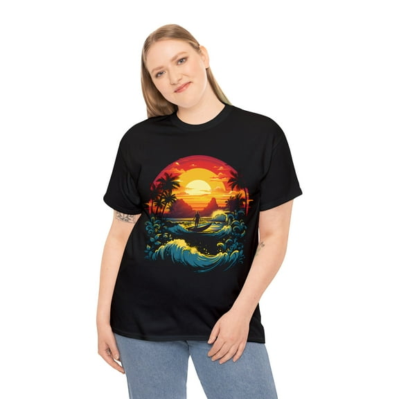 Unisex Heavy Cotton T-Shirt Perfect Beach Sunset w/ Waves 036