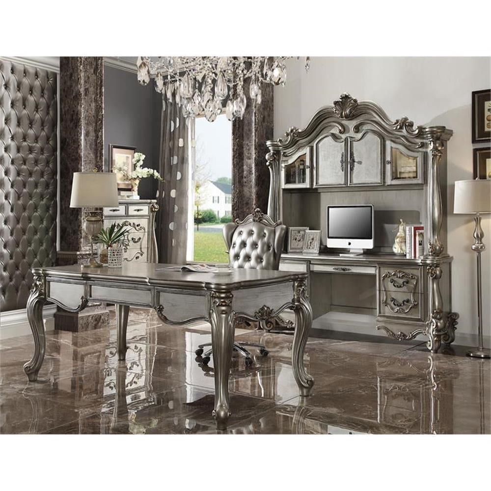 Bowery Hill Wooden Executive Writing Desk with 3 Drawers in Platinum Silver