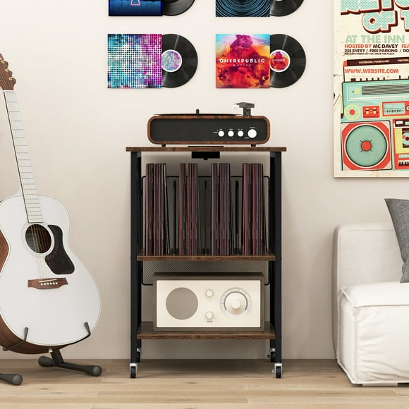 Giantex Record Player Stand, Turntable Stand w/Built-in Charging Station, Storage Cabinet, Home Accent Display Table, Rustic Brown