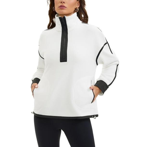Sudadera recortada para mujer INSPIRE CHIC con media cremallera, forro polar, chaqueta oversized con bolsillos XL blanca