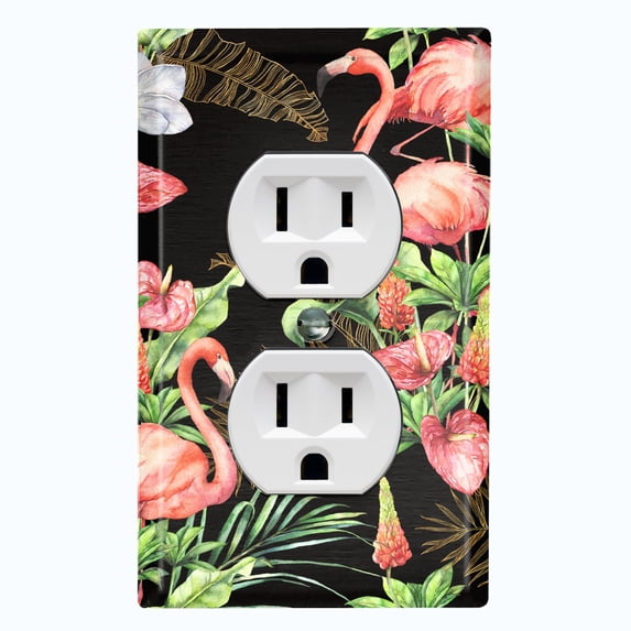 Metal Light Switch Plate Outlet Cover Tropical Pink Flamingo Flower Leaves Black FGO005