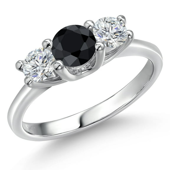 Gem Stone King 14K White Gold Black Sapphire & White Lab Grown Diamond 3-Stone Engagement Ring | 1.23 Cttw | Round 5MM and 4MM | Three Stone Wedding Anniversary Promise Ring for Women (Size 9)